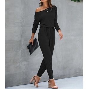 Boat Neck Long Sleeve Drawstring Waste Long Black Jumpsuit